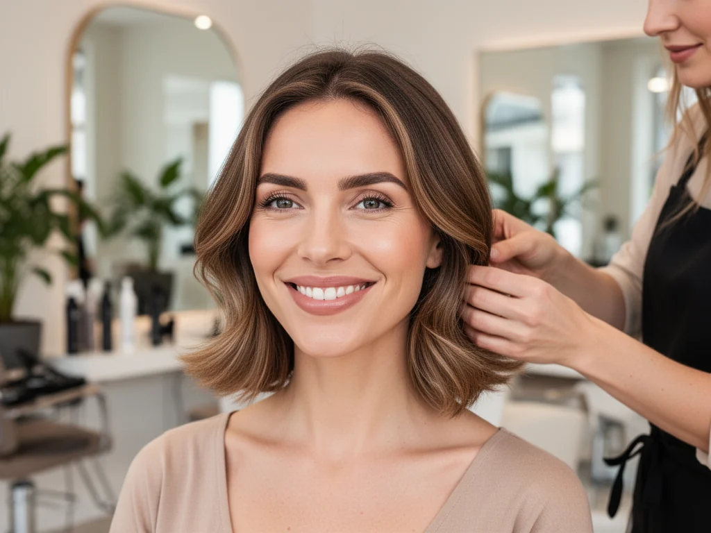 Uśmiechnięta kobieta o pociągłej twarzy w salonie, stylista dopasowuje miękkie warstwowe cięcie wysmuklające rysy