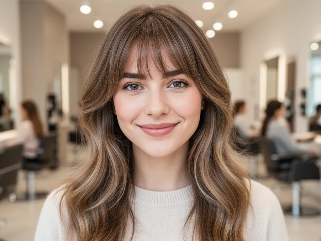 Kobieta z długimi cieniowanymi włosami i miękką grzywką w nowoczesnym salonie fryzjerskim, naturalny look.