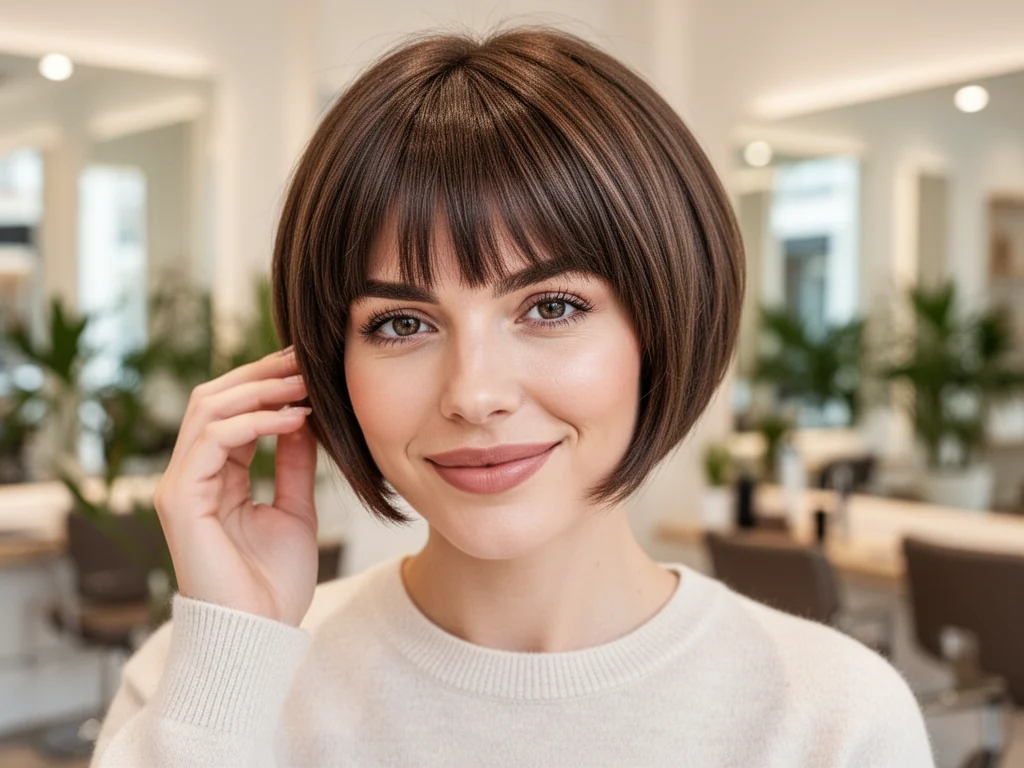 Młoda kobieta z pixie bobem i miękką grzywką w jasnym salonie fryzjerskim, prezentująca naturalną stylizację włosów.