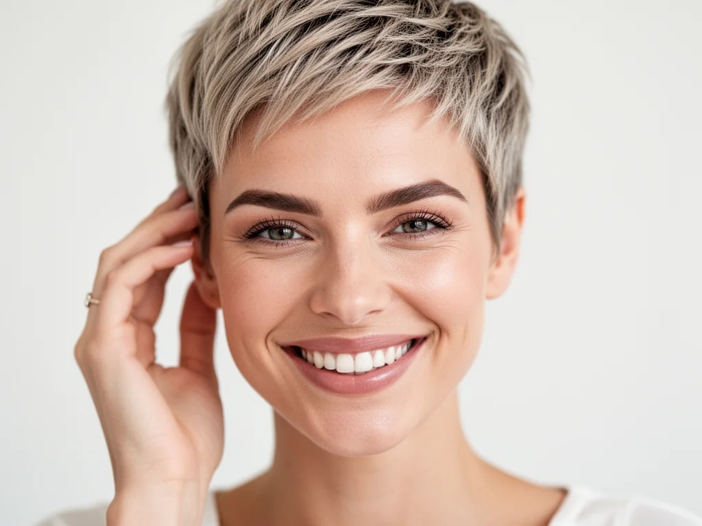 Uśmiechnięta kobieta z krótką fryzurą pixie cut, eksponującą rysy twarzy, na jasnym, minimalistycznym tle.
