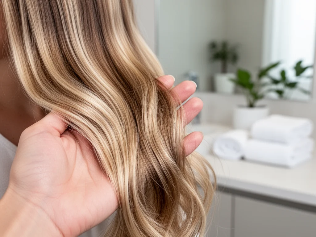 Lśniące, zdrowe pasma blond i brązowych włosów, podkreślające efekt pielęgnacji proteinami i gładką, elastyczną strukturę